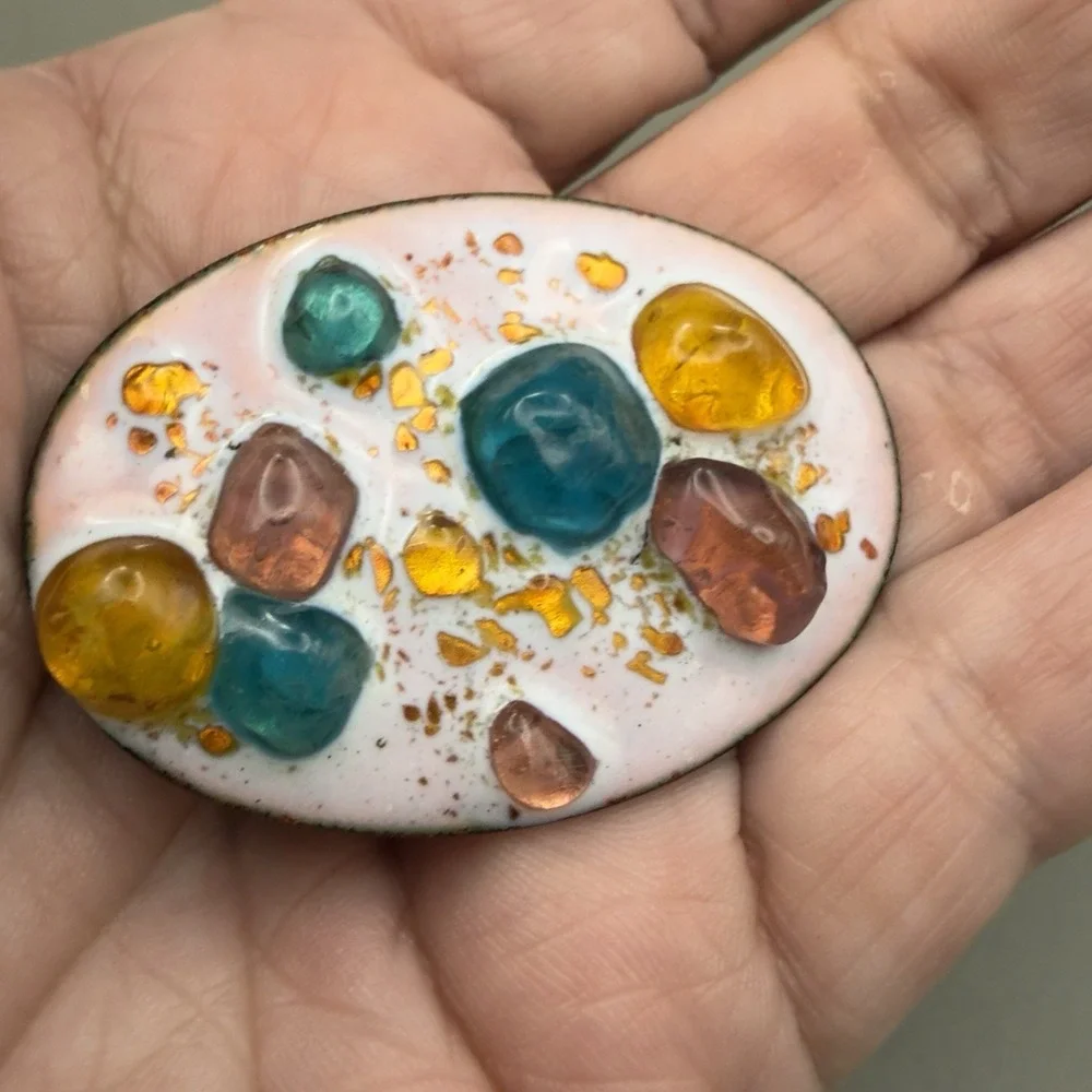 Vintage Oval Enamel Brooch Multi Color Glass Cabochons Gold Flake Art Glass 2.25